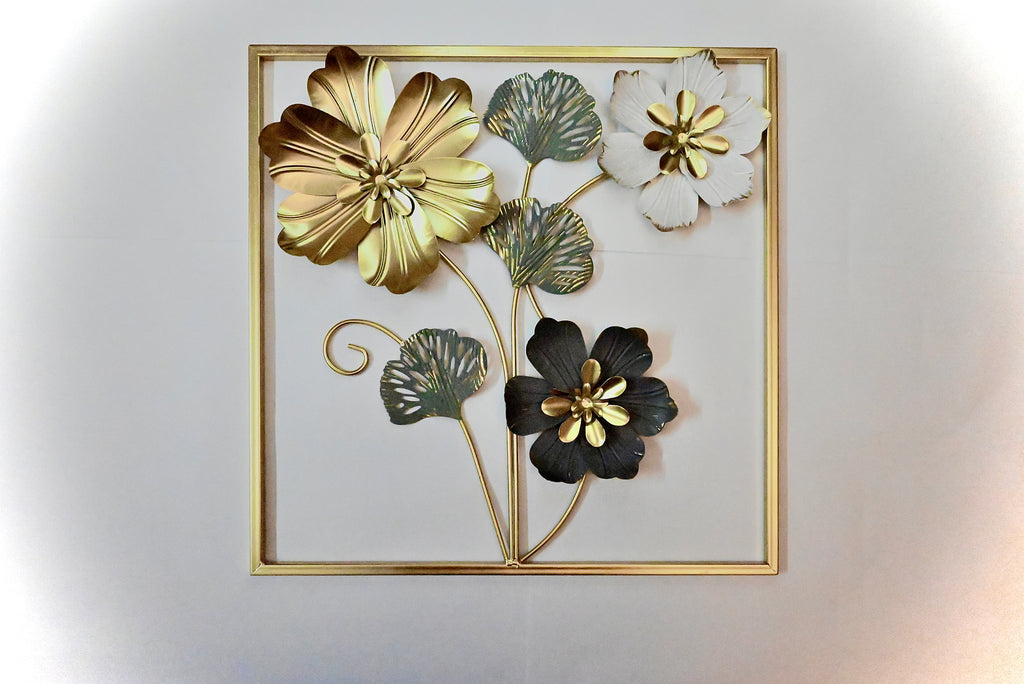 Luxury 3D Metal Floral Wall Art | Gold, White & Black Flowers in Square Frame