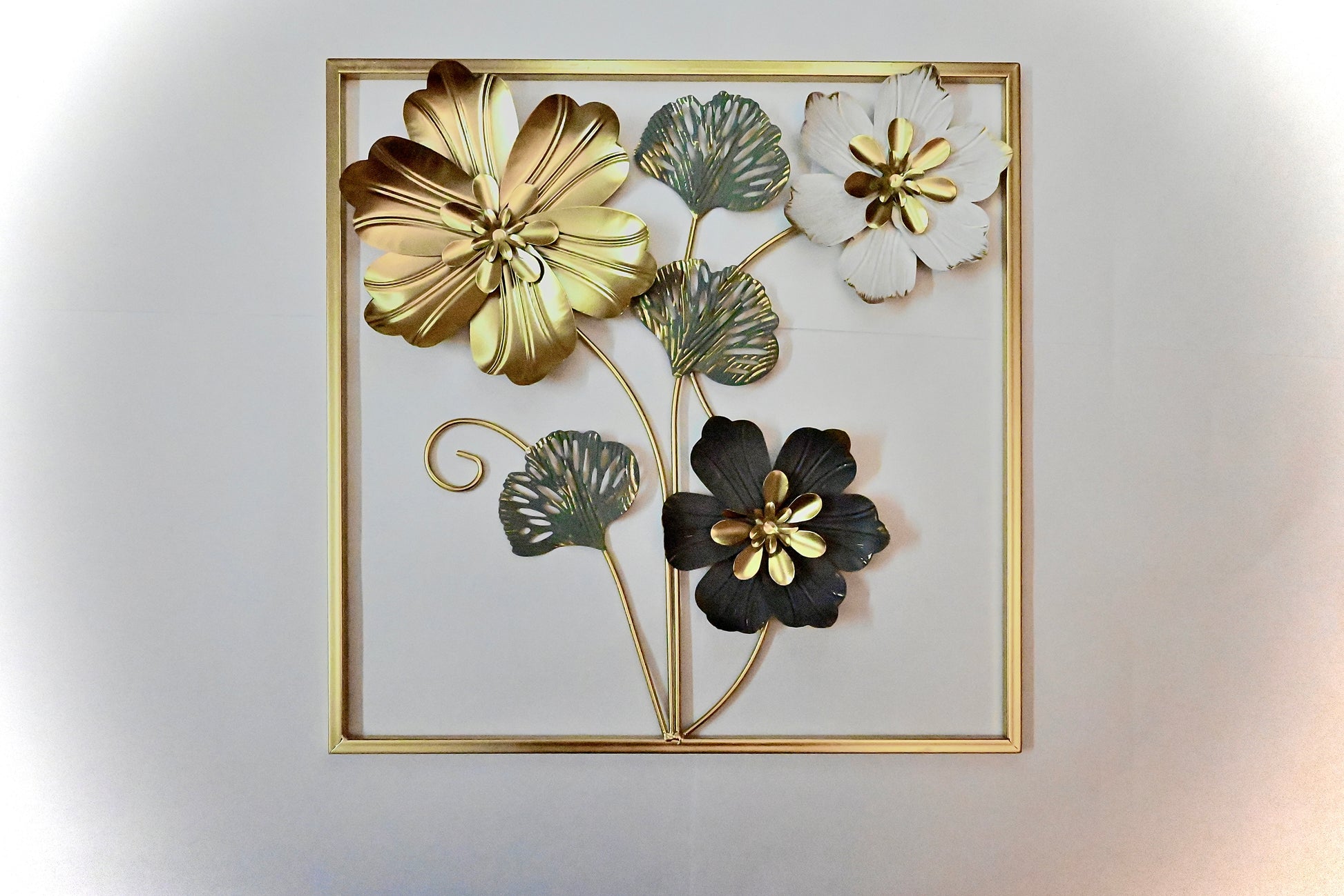 Luxury 3D Metal Floral Wall Art | Gold, White & Black Flowers in Square Frame