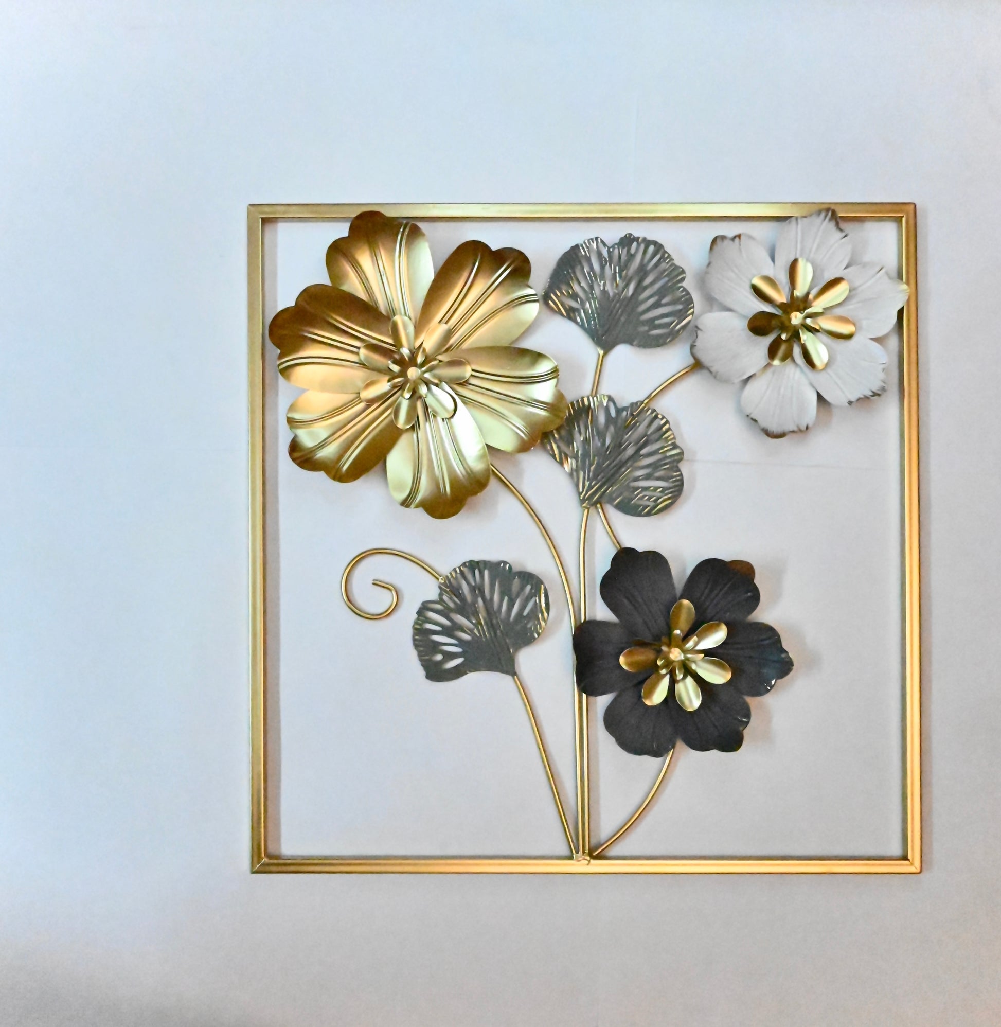 Luxury 3D Metal Floral Wall Art | Gold, White & Black Flowers in Square Frame
